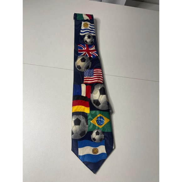 Fratello Hand Made Mens Tie Navy Blue Soccer Flags USA UK France Germany Brazil - Picture 1 of 4